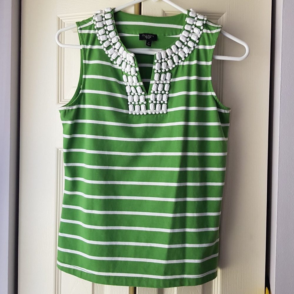 TalbotsPetite’s Sleeveless Grn &White Striped Tank